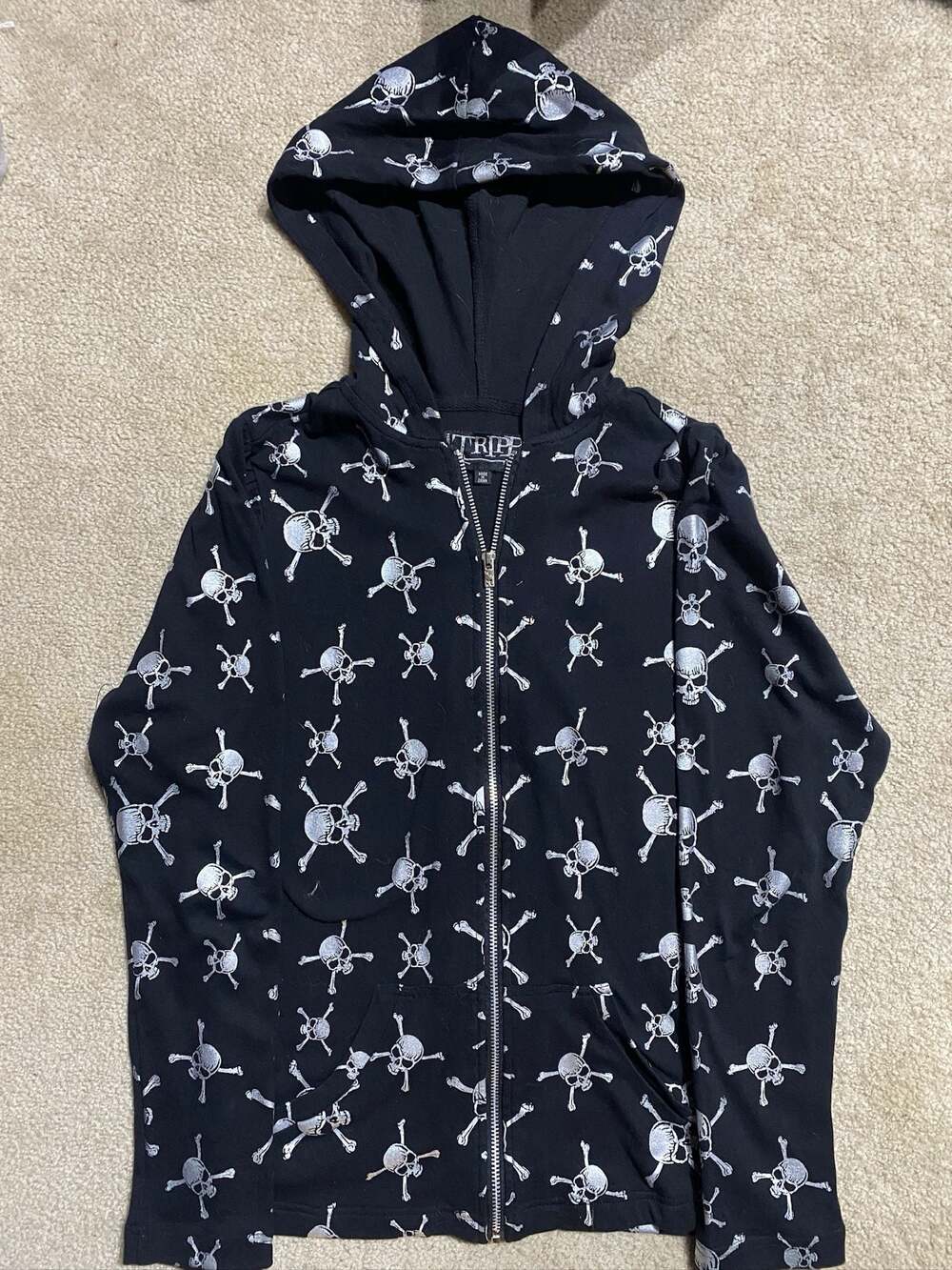 Tripp NYC Skull and Crossbones All Over Print Zip Up Hoodie Size M